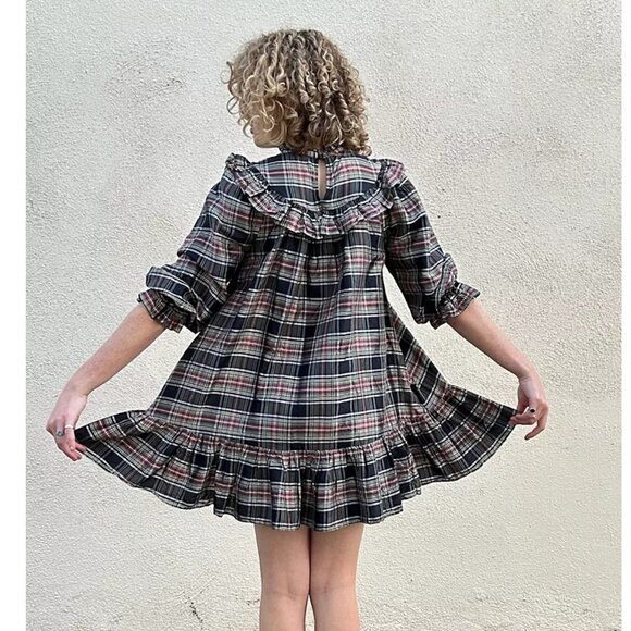NWT DÔEN Bromley Silk Tent Dress Plaid Ruffle Babydoll Mini Size XS - Picture 4 of 8